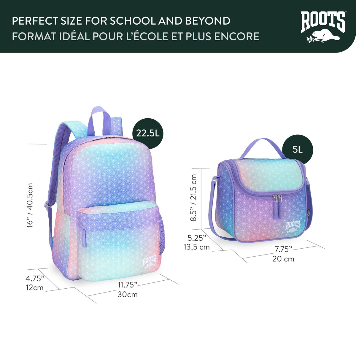 Ensemble assorti 2 pièces pour enfants Roots, sac à dos de 22,5 L et sac à lunch de 5 L