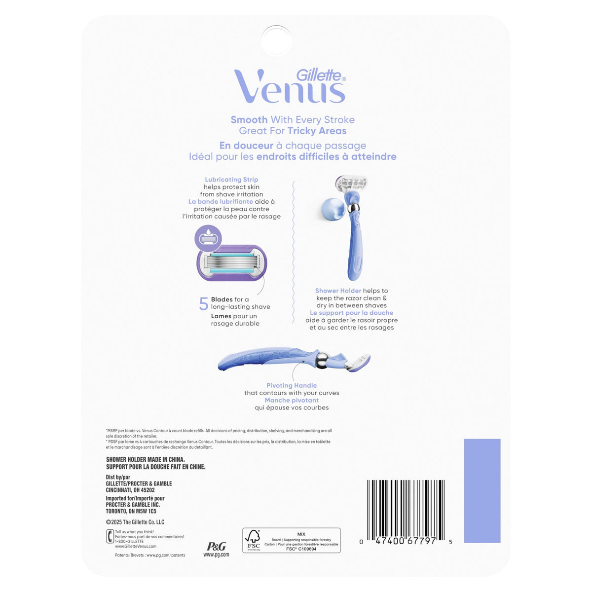 Gillette Venus Vera Bradley Deluxe Smooth Women’s Razor Handle + 6 Cartridges, Blue and Pink
