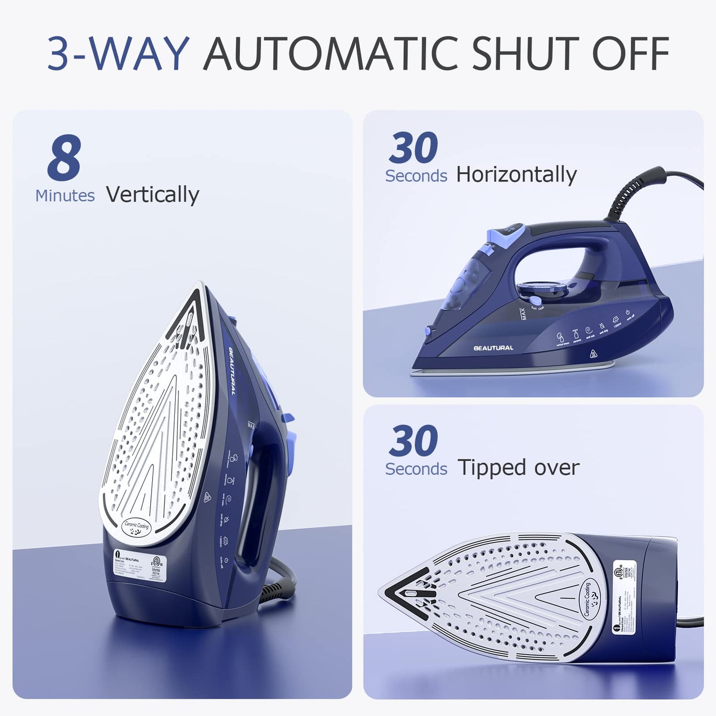 BEAUTURAL Steam Iron for Clothes with Precision Thermostat Dial, Ceramic Coated Soleplate, 3-Way Auto-Off, Self-Cleaning, Anti-Calcium, Anti-Drip - Available at All In One Marketplace Canada
