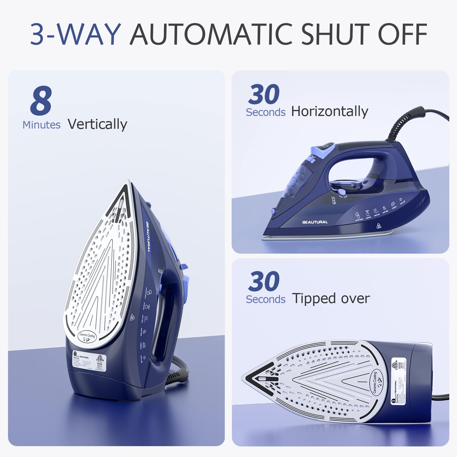 BEAUTURAL Steam Iron for Clothes with Precision Thermostat Dial, Ceramic Coated Soleplate, 3-Way Auto-Off, Self-Cleaning, Anti-Calcium, Anti-Drip - Available at All In One Marketplace Canada