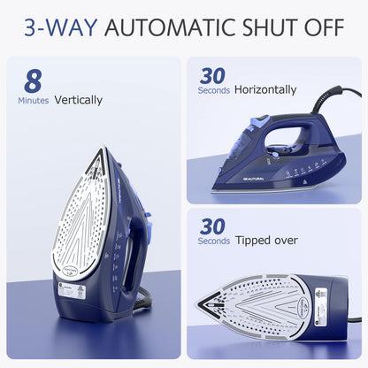 BEAUTURAL Steam Iron for Clothes with Precision Thermostat Dial, Ceramic Coated Soleplate, 3-Way Auto-Off, Self-Cleaning, Anti-Calcium, Anti-Drip - Available at All In One Marketplace Canada