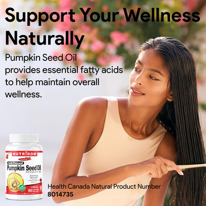 Nutridom Pumpkin Seed Oil Capsules 1000 mg, 90 Veggie Softgels, Cold-Pressed, Essential Fatty Acids, Linoleic & Oleic Acid, Vegan, Non-GMO, Gluten Free, Soy Free, Made in Canada - Available at All In One Marketplace Canada