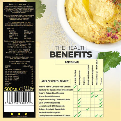 Morocco Gold Early Harvest Extra Virgin Olive Oil – Cold Pressed, 652mg/kg Polyphenols, 500ml
