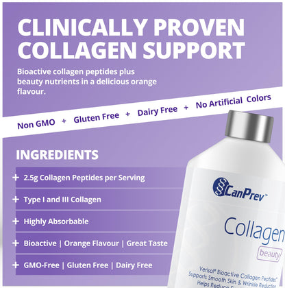 CanPrev Collagen Beauty Liquid, 500ml 50-Day Supply - Skin Smoothness & Elasticity in 28 Days - Free from Dairy, GMO and Gluten - Features Verisol Bioactive Collagen Peptides for Radiance and Support - Available at All In One Marketplace Canada
