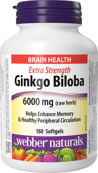 Webber Naturals Ginkgo Biloba 6000 mg, 180 Softgels, Helps Enhance Cognitive Function and Memory - Available at All In One Marketplace Canada