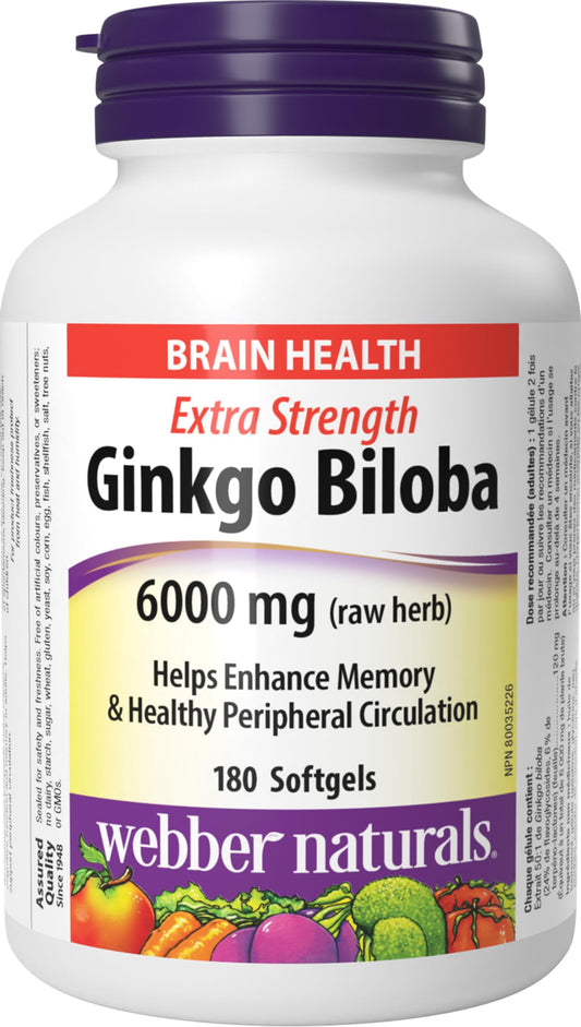 Webber Naturals Ginkgo Biloba 6000 mg, 180 Softgels, Helps Enhance Cognitive Function and Memory - Available at All In One Marketplace Canada