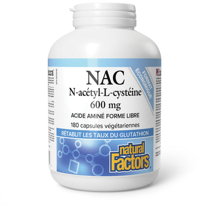 Natural Factors NAC Supplement (N-Acetyl-L-Cysteine), 600 mg, 180 Vegetarian Capsules, VALUE SIZE, Free Form Amino Acid, Helps Restore Glutathione Levels, Antioxidant Support, Proudly Canadian - Available at All In One Marketplace Canada