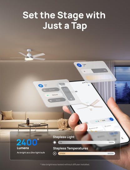 DREO Smart Ceiling Fan with Lights, 52 Inch, 12 Speeds & 3 Fan Modes, Stepless Color Tones, Dimmable LED Light, 12H Timer, Quiet DC Motor, Remote/APP/Alexa Control, White Ceiling Fans Indoor DREO