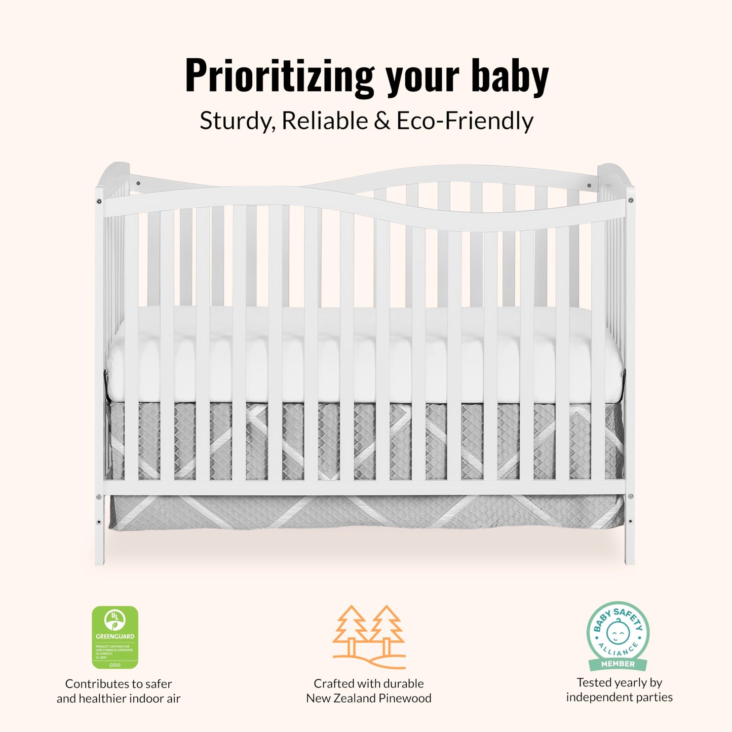 Dream On Me Chelsea 5-In-1 Convertible Crib In White, 4 Mattress Height Positions, Non Toxic Finish, JPMA Certified, Made Of Sustainable And Sturdy Pinewood Dream On Me