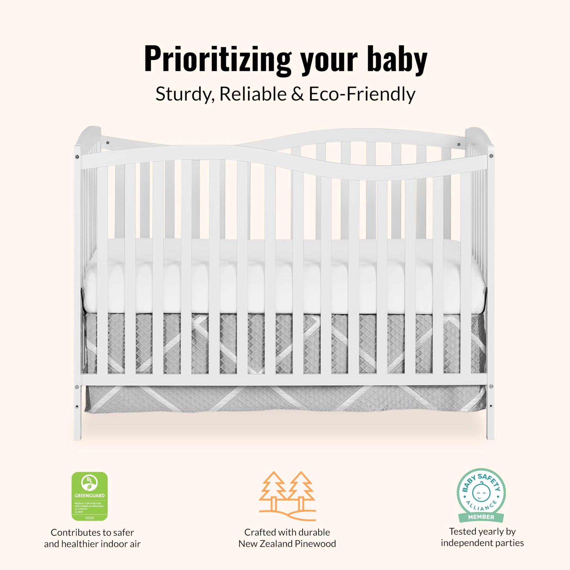 Dream On Me Chelsea 5-In-1 Convertible Crib In White, 4 Mattress Height Positions, Non Toxic Finish, JPMA Certified, Made Of Sustainable And Sturdy Pinewood Dream On Me