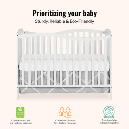 Dream On Me Chelsea 5-In-1 Convertible Crib In White, 4 Mattress Height Positions, Non Toxic Finish, JPMA Certified, Made Of Sustainable And Sturdy Pinewood Dream On Me