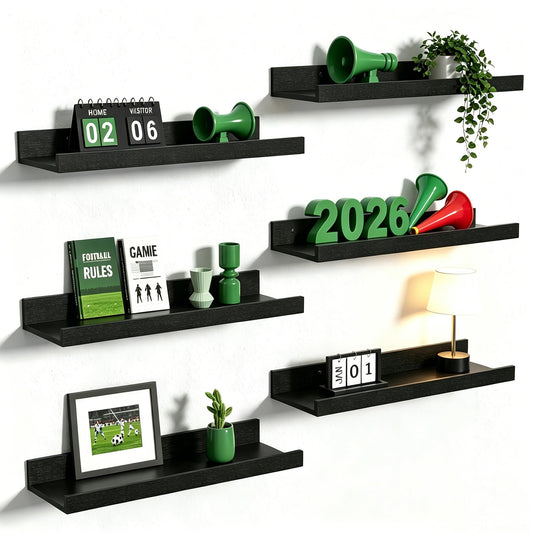 upsimples Floating Shelves for Wall, Decor Storage Set of 6, Wall Mounted Wood Shelves for Bedroom, Living Room, Bathroom, Kitchen, Picture Ledge Shelves, Black