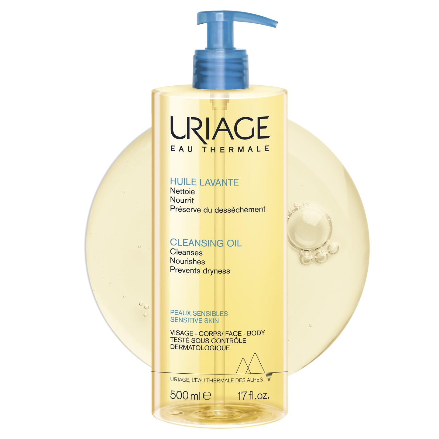Uriage Cleansing Soothing Oil - Face & Body Daily Cleanser & Shower Oil With Glycerin & Ceramides - Whole Family Format, Babies, Children & Adults - Sensitive Skin - Soap-Free, Fragrance-Free - 500ml Uriage