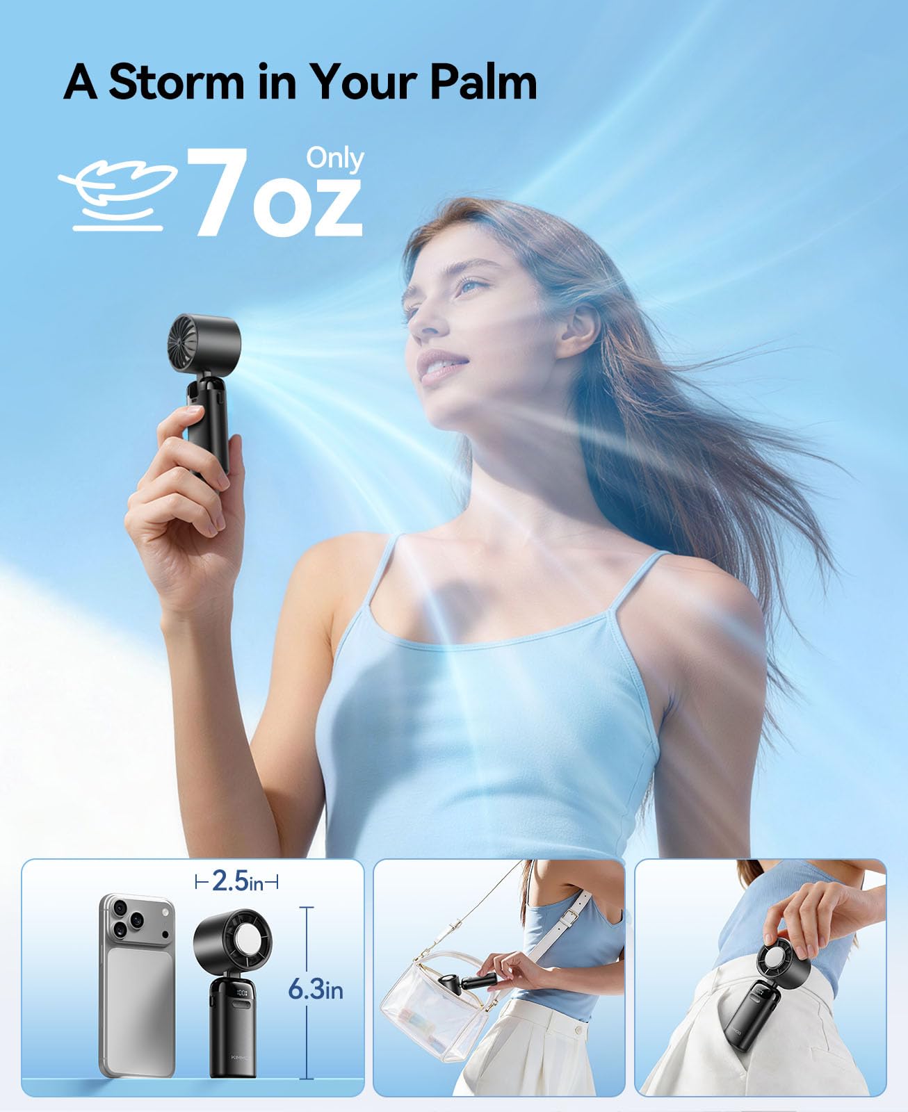 KIMMOO Portable Handheld Turbo Fan with Ice Cooler, Powerful 21000 RPM, Speed (1-199), Up to 14Hrs Cooling, Rechargeable Personal Fan (Black) - Available at All In One Marketplace Canada