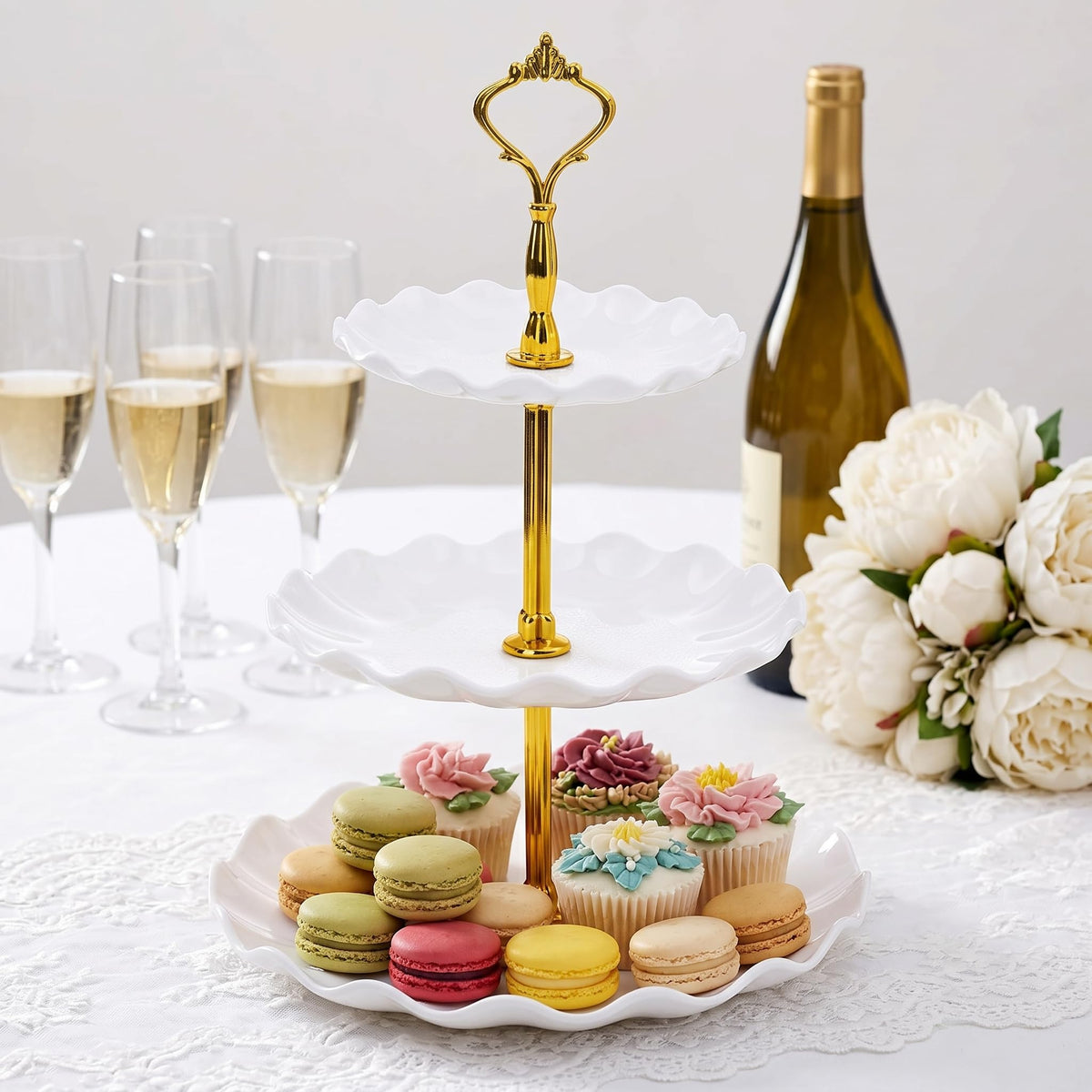 DEAYOU 4 Pack 3-Tier Cupcake Dessert Stand, Plastic Tiered Cake Stand Display Tower, Pastry Serving Tray Platter Rack Holder for Buffet, Cookie, Party, Wedding, Home Decor, White Gold, Black Gold 🍁 All In One Marketplace Canada