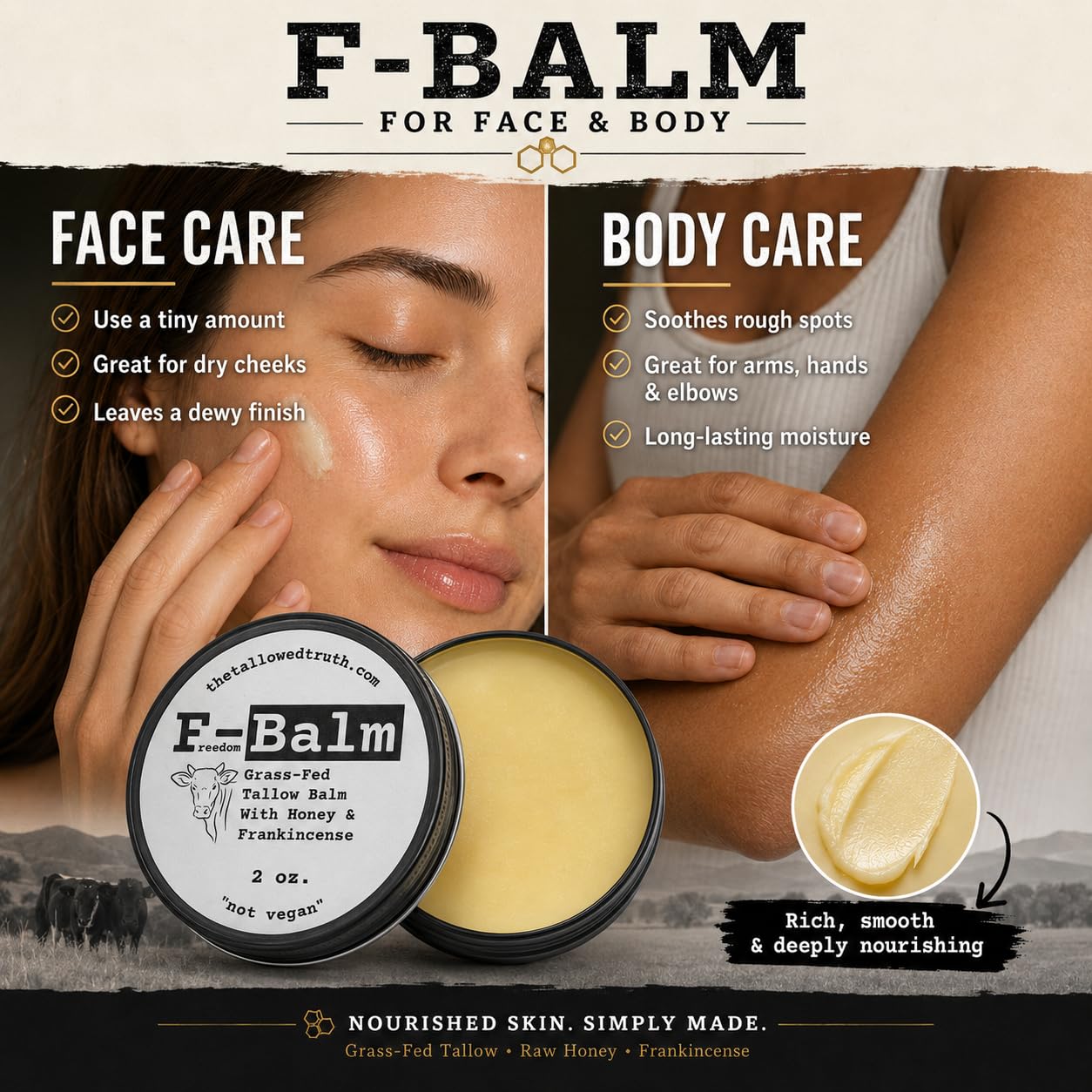 The Tallowed Truth F-Balm - All-In-One Premium Tallow Balm for Face & Body – Grass-Fed, Grass-Finished with Soft Sweet Scent of Honey & Frankincense – 5 Ingredients Only – Made in Canada - 2 oz - Available at All In One Marketplace Canada