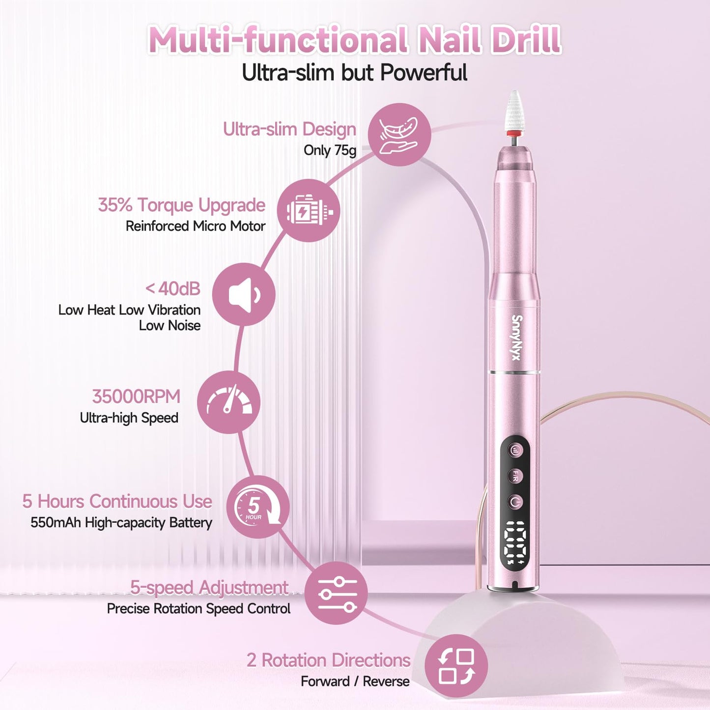 SnnyNyx Cordless Electric Nail Drill 35000 RPM, Professional Nail File Kit with LCD Display, 12 Bits & 36 Sanding Bands, Rechargeable Manicure Pedicure Kit for Acrylic Gel Nails, Salon & Home Use(Rose Gold) - Available at All In One Marketplace Canada