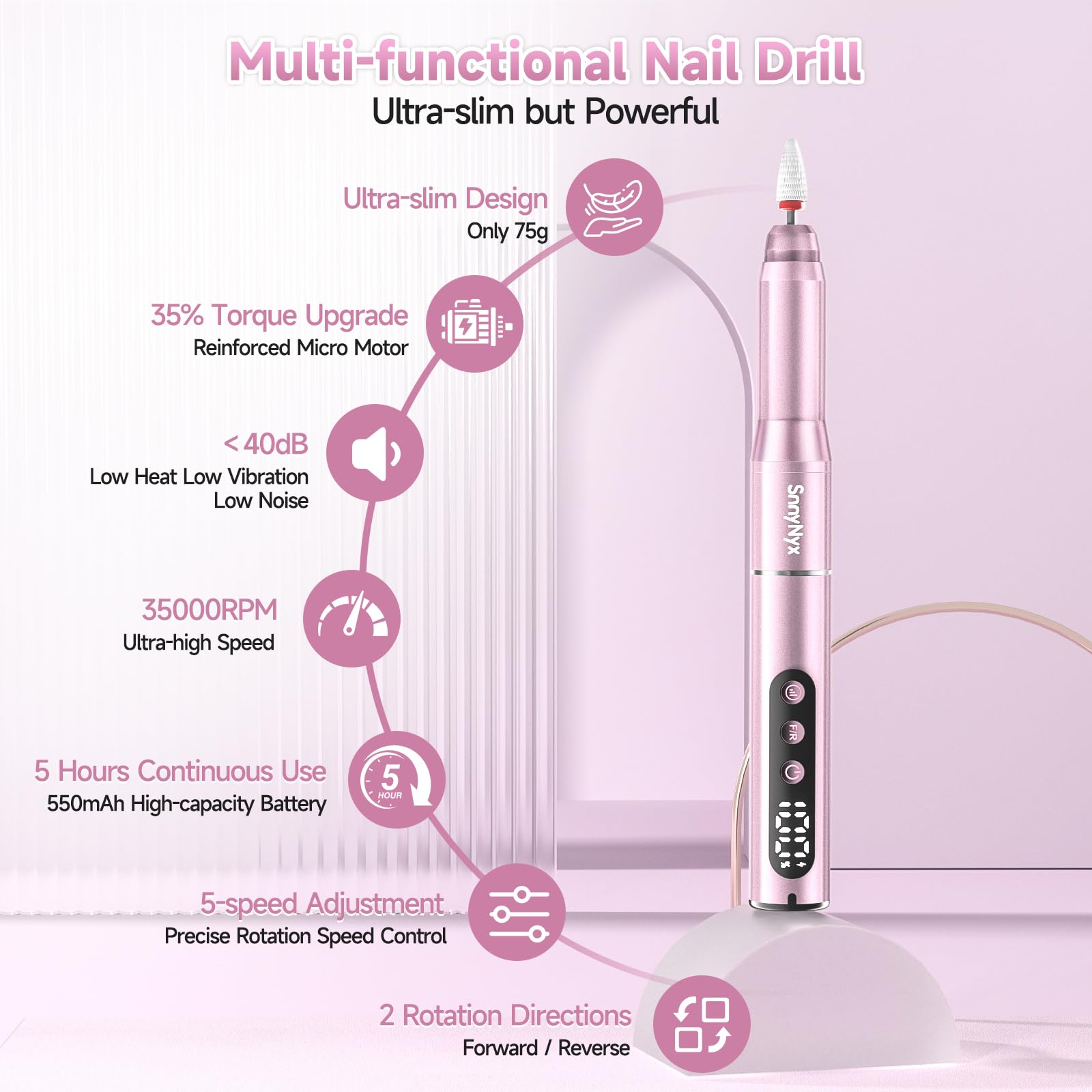 SnnyNyx Cordless Electric Nail Drill 35000 RPM, Professional Nail File Kit with LCD Display, 12 Bits & 36 Sanding Bands, Rechargeable Manicure Pedicure Kit for Acrylic Gel Nails, Salon & Home Use(Rose Gold) - Available at All In One Marketplace Canada