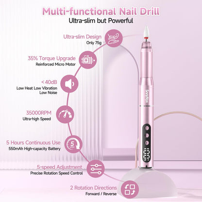 SnnyNyx Cordless Electric Nail Drill 35000 RPM, Professional Nail File Kit with LCD Display, 12 Bits & 36 Sanding Bands, Rechargeable Manicure Pedicure Kit for Acrylic Gel Nails, Salon & Home Use(Rose Gold) - Available at All In One Marketplace Canada