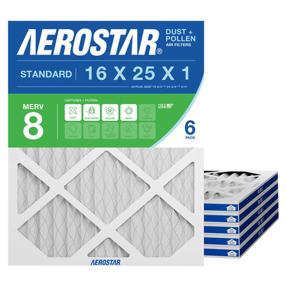 Aerostar 16x25x1" MERV 8 16X25X1 Merv 8 Pleated Air Filter, Made In The Usa, 6-Pack,White