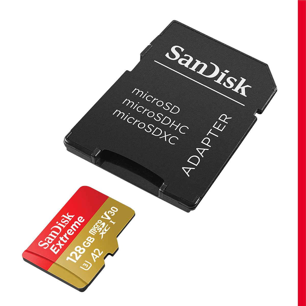 SanDisk 128GB Extreme microSDXC UHS-I Memory Card with Adapter - C10, U3, V30, 4K, 5K, A2, Micro SD Card - SDSQXAA-128G-GN6MA