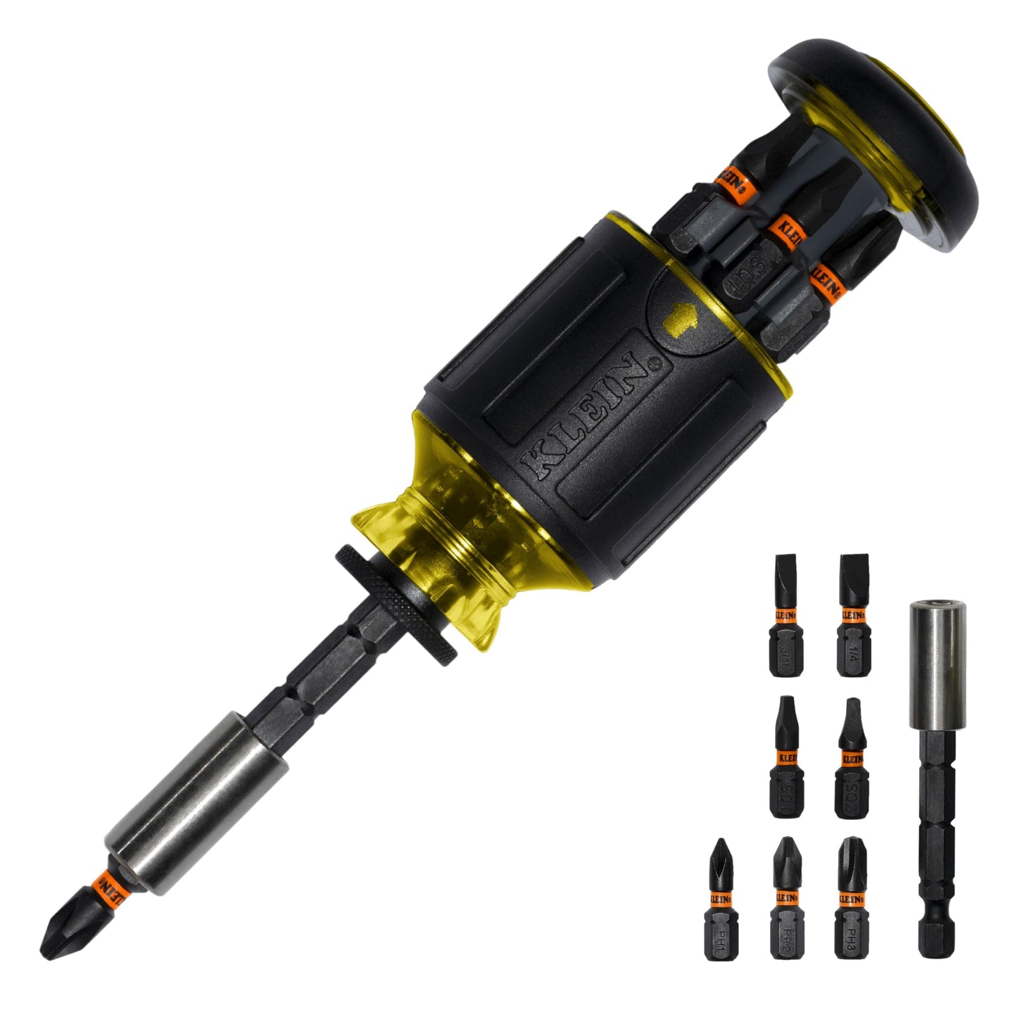 Klein Tools 32308 Multi-bit Stubby Screwdriver, Impact Rated 8-in-1 Adjustable Magnetic Tool with Phillips, Slotted, Square and Nut Driver KLEIN TOOLS
