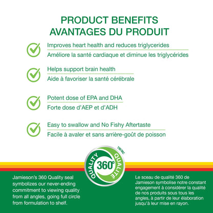 Jamieson Omega-3 Mini Softgels, No Fishy Aftertaste, Improves Heart Health, and Supports Brain Health. With 210 mg EPA and 140 mg DHA, No Burpback, Easy to Swallow, Gluten-Free, Non-GMO, 200 Count - Available at All In One Marketplace Canada