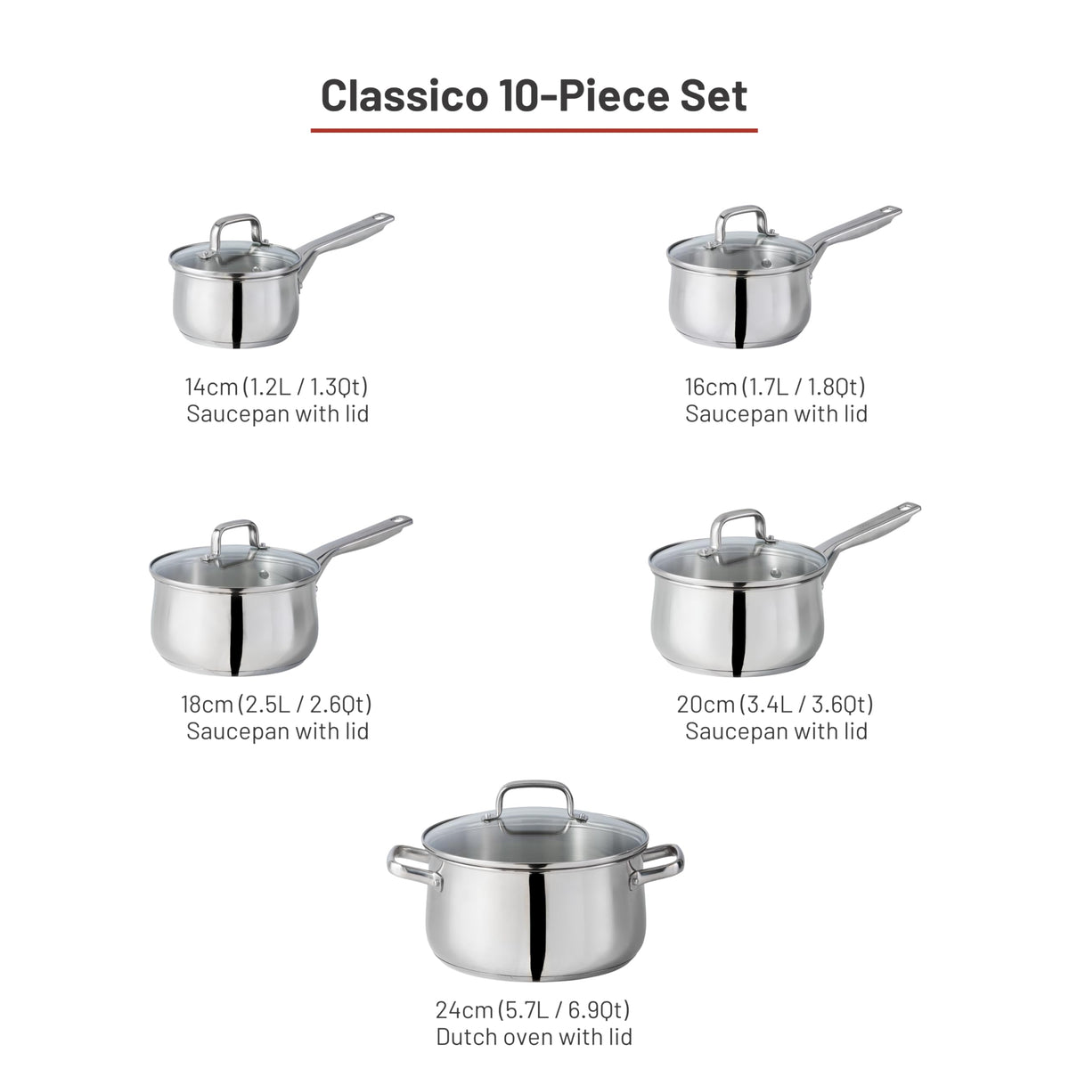 Lagostina Classico 10-Piece Stainless Steel Cookware Set, Silver