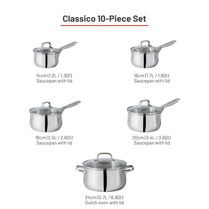 Lagostina Classico 10-Piece Stainless Steel Cookware Set, Silver