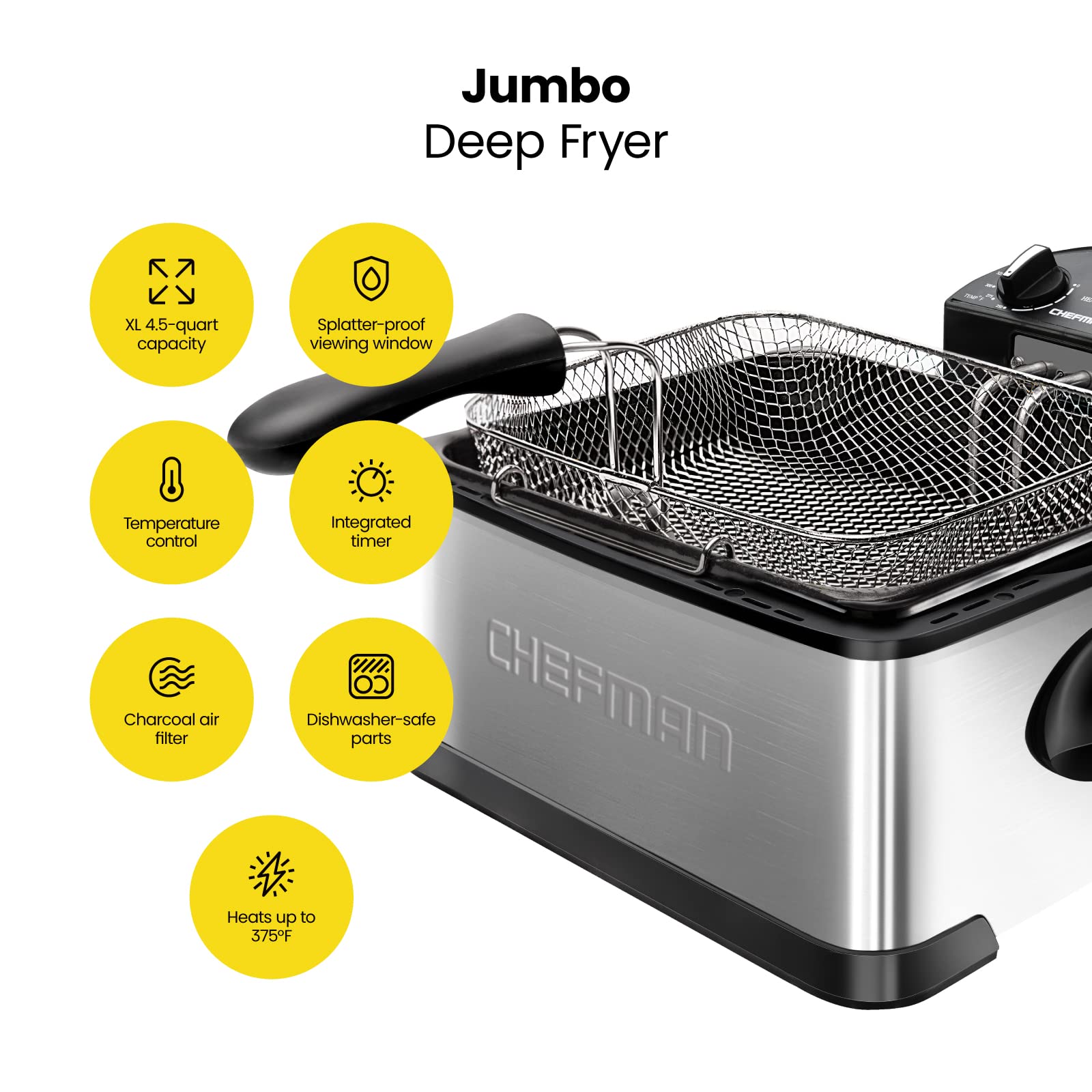 Chefman 4.3 Liter Deep Fryer with Basket for Home Use, XL Jumbo Size Fry Basket Strainer, Adjustable Temperature & Timer Fish Fryer, Chicken Fryer, French Fry Maker, Gifts for Cooks, Stainless Steel - Available at All In One Marketplace Canada