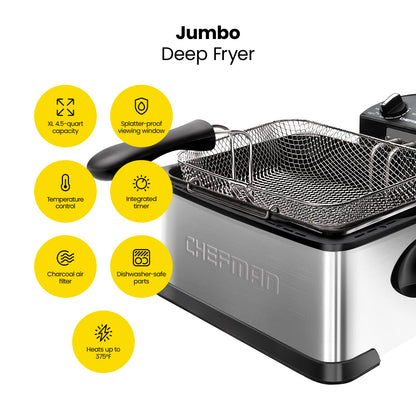 Chefman 4.3 Liter Deep Fryer with Basket for Home Use, XL Jumbo Size Fry Basket Strainer, Adjustable Temperature & Timer Fish Fryer, Chicken Fryer, French Fry Maker, Gifts for Cooks, Stainless Steel - Available at All In One Marketplace Canada