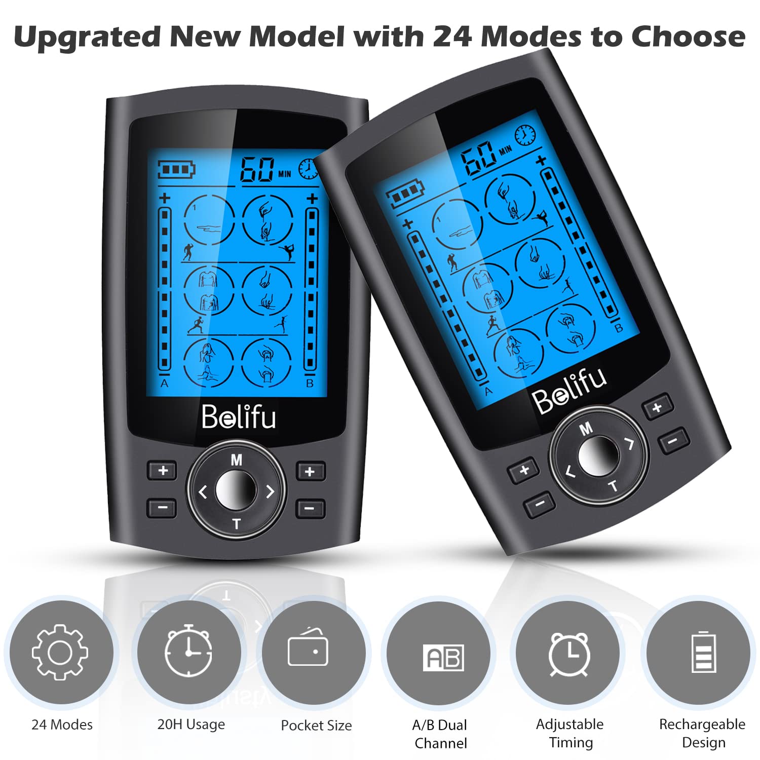 Belifu Dual Channel TENS EMS Unit with 12 Pads, 24 Modes Muscle Stimulator, Electronic Pulse Massager Muscle Massager for Pain Relief Therapy, Fastening Cable Ties, Dust-Proof Drawstring Storage Bag - Available at All In One Marketplace Canada