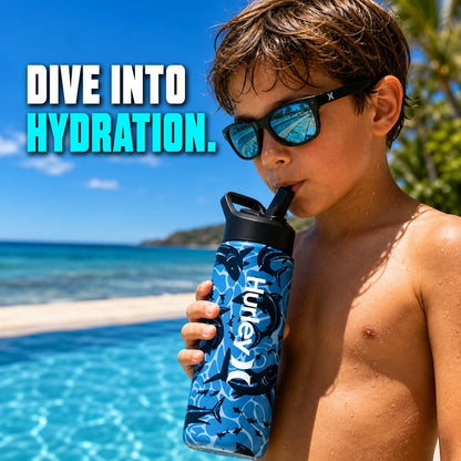 Hurley 3D Shark Design 16Oz Straw Cap Ss. Sports Bottle