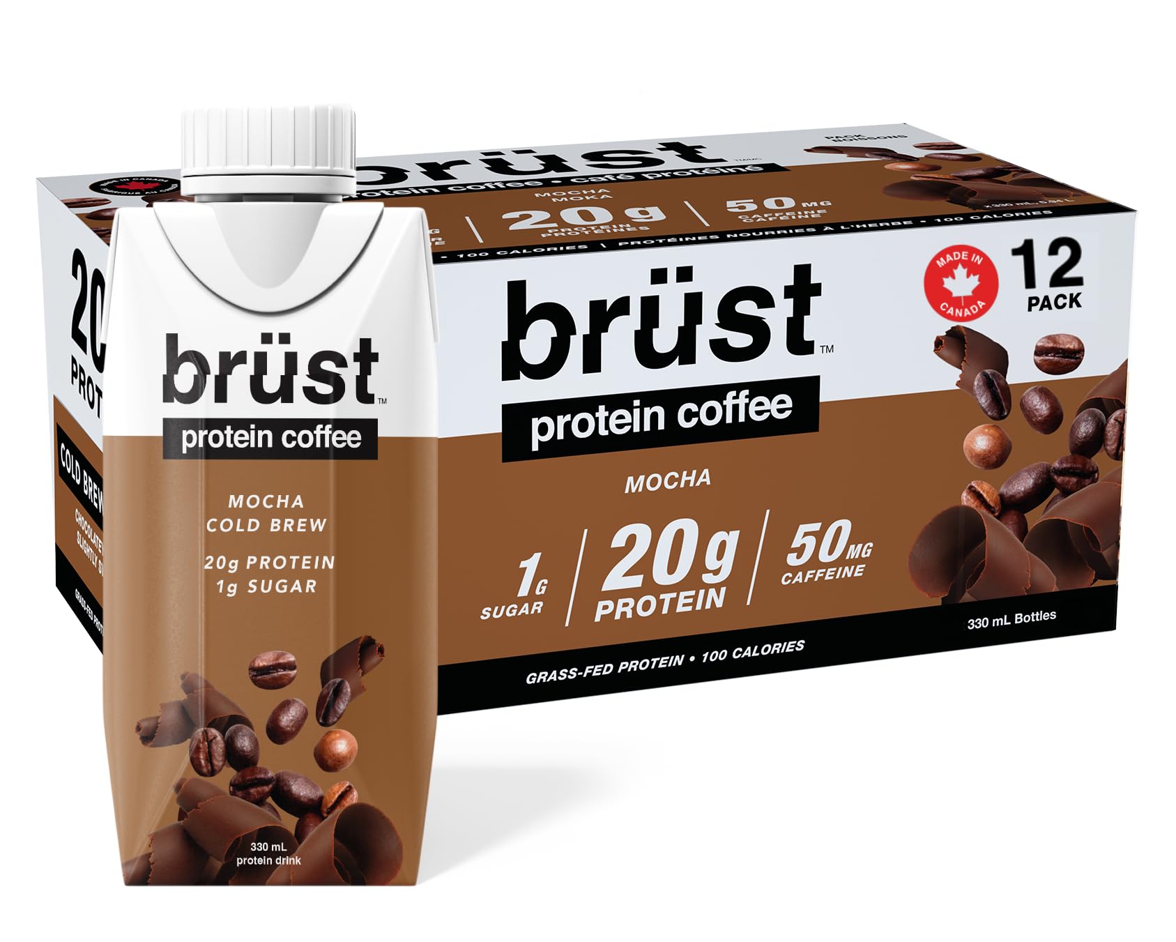 BRÜST Mocha Protein Coffee - Rich Chocolate Flavor with 20g Protein & 50mg Caffeine, 330mL, 12-Pack
