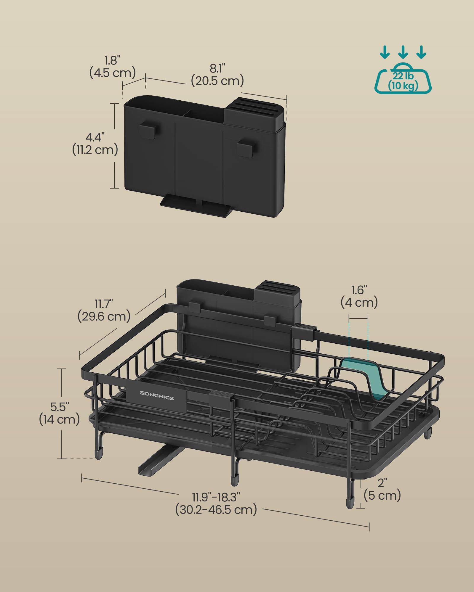 SONGMICS Dish Drainer Rack, Large Extendable Draining Board Rack for Small Spaces, 360° Rotating Extendable Spout, Kitchen Sink Drainer, Steel, 46.5 x 29.6 x 14 cm, Ink Black KCS556BH01 SONGMICS
