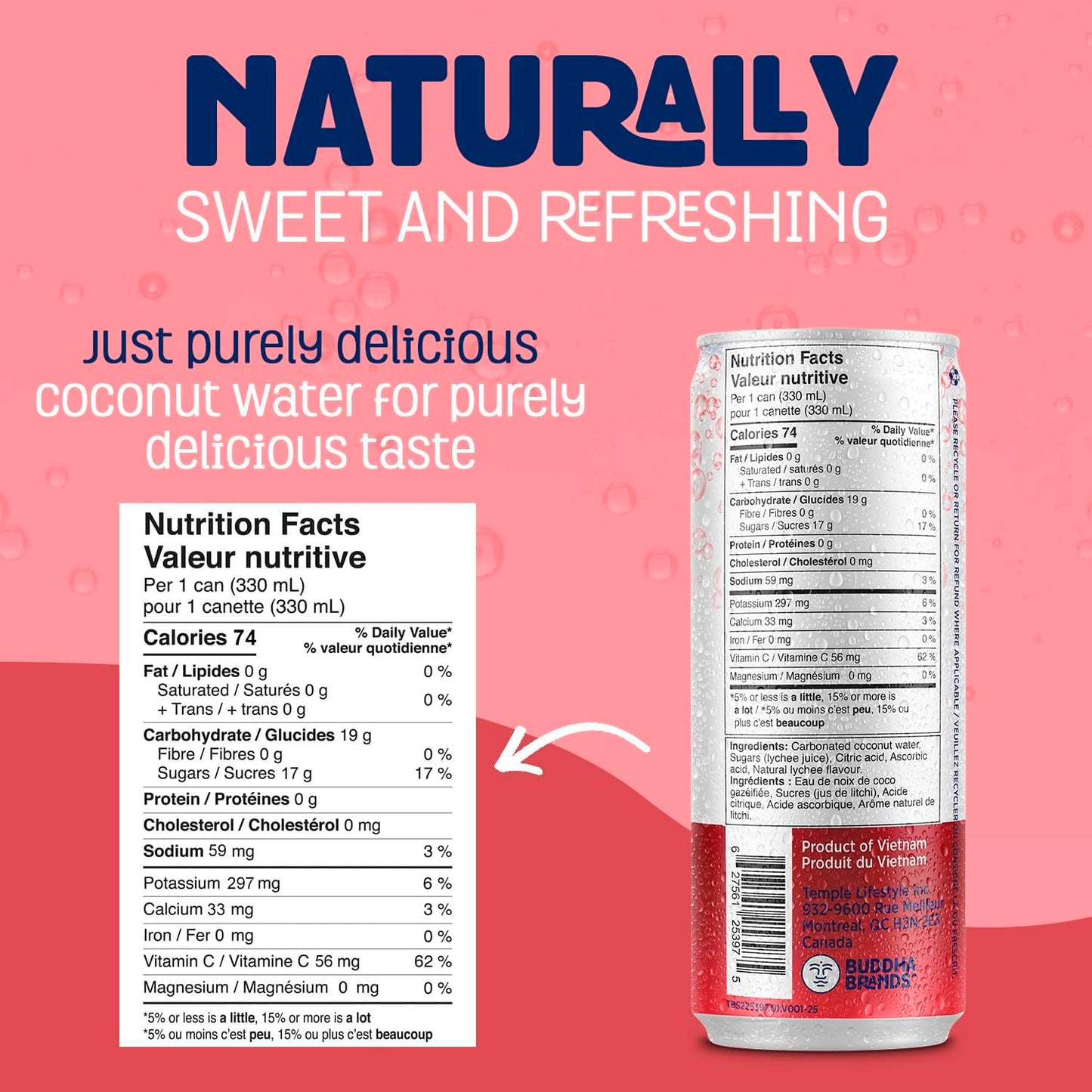 THIRSTY BUDDHA Sparkling Coconut Water with Lychee, No Added Sugar, Pure Coco Drink, Natural Fruit Flavour, Electrolyte & Nutrient-Rich, 12 Pack, (12/330ml)