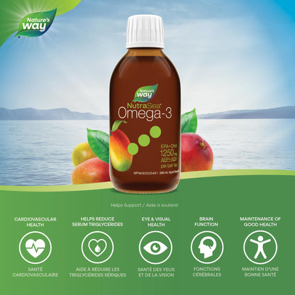 Nature's Way NutraSea Omega-3 Fish Oil – 1250 mg EPA + DHA Fish Oil – Support Healthy Heart and Brain Function in Kids and Adults – GMO Free, 200 mL Liquid, Mango Flavour 🍁 All In One Marketplace Canada
