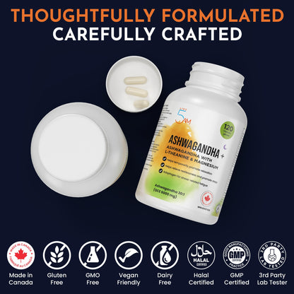 Live 5AM Ashwagandha 6000mg with L-Theanine 200mg, Magnesium Bisglycinate 75mg & Black Pepper Extract - Relaxation, Stress & Restlessness Support - 4 Month Supply, 120 Capsules - Made in Canada - Available at All In One Marketplace Canada