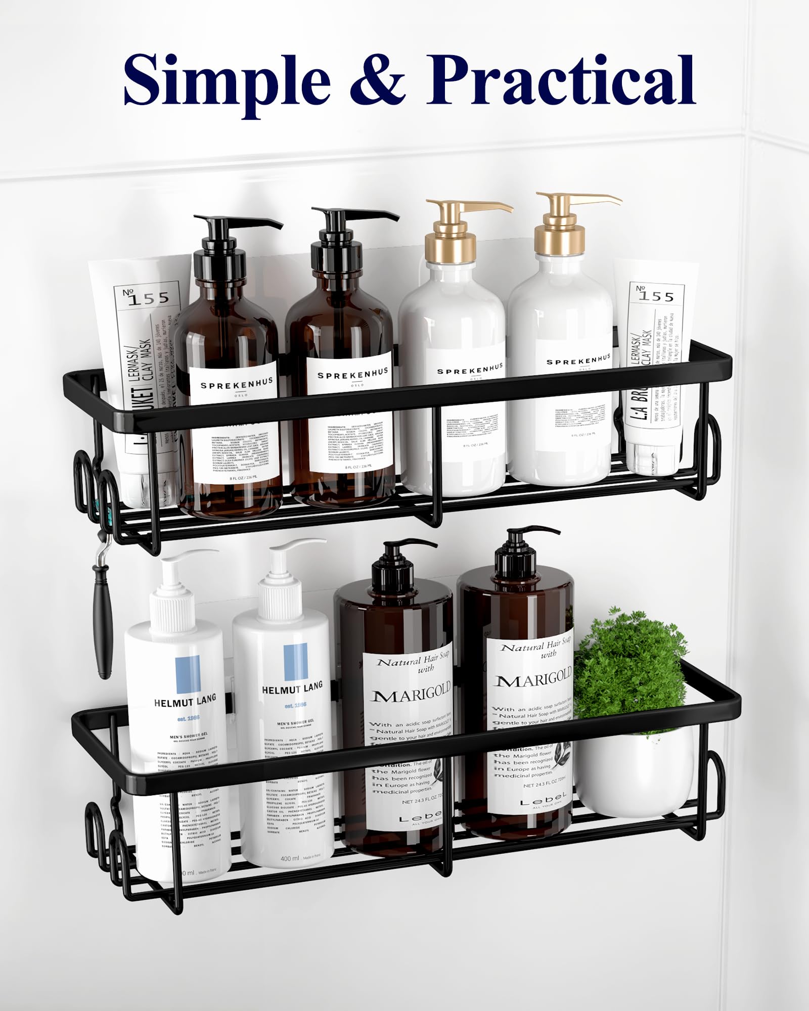 Kitsure Shower Caddy - 2 Pack Rustproof Stainless Steel Shower Organizer, No-Drill & Quick-Dry Shelves with Large Capacity, Durable Rack with 4 Hooks, Large, Black - Available at All In One Marketplace Canada