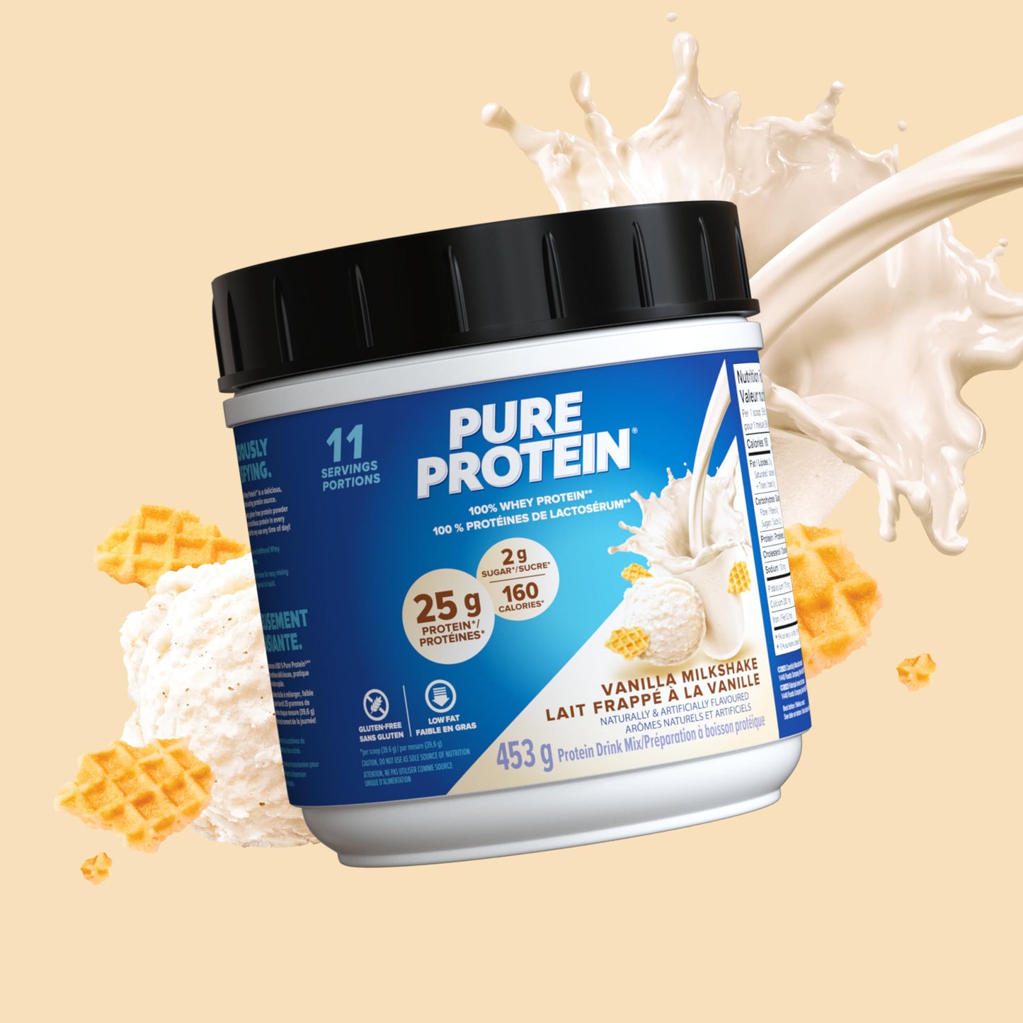 Pure Protein Whey Powder - High Protein (25 g/scoop), Low Sugar (2 g/scoop), Gluten Free, Fast-Acting Formula, Vanilla, 453g