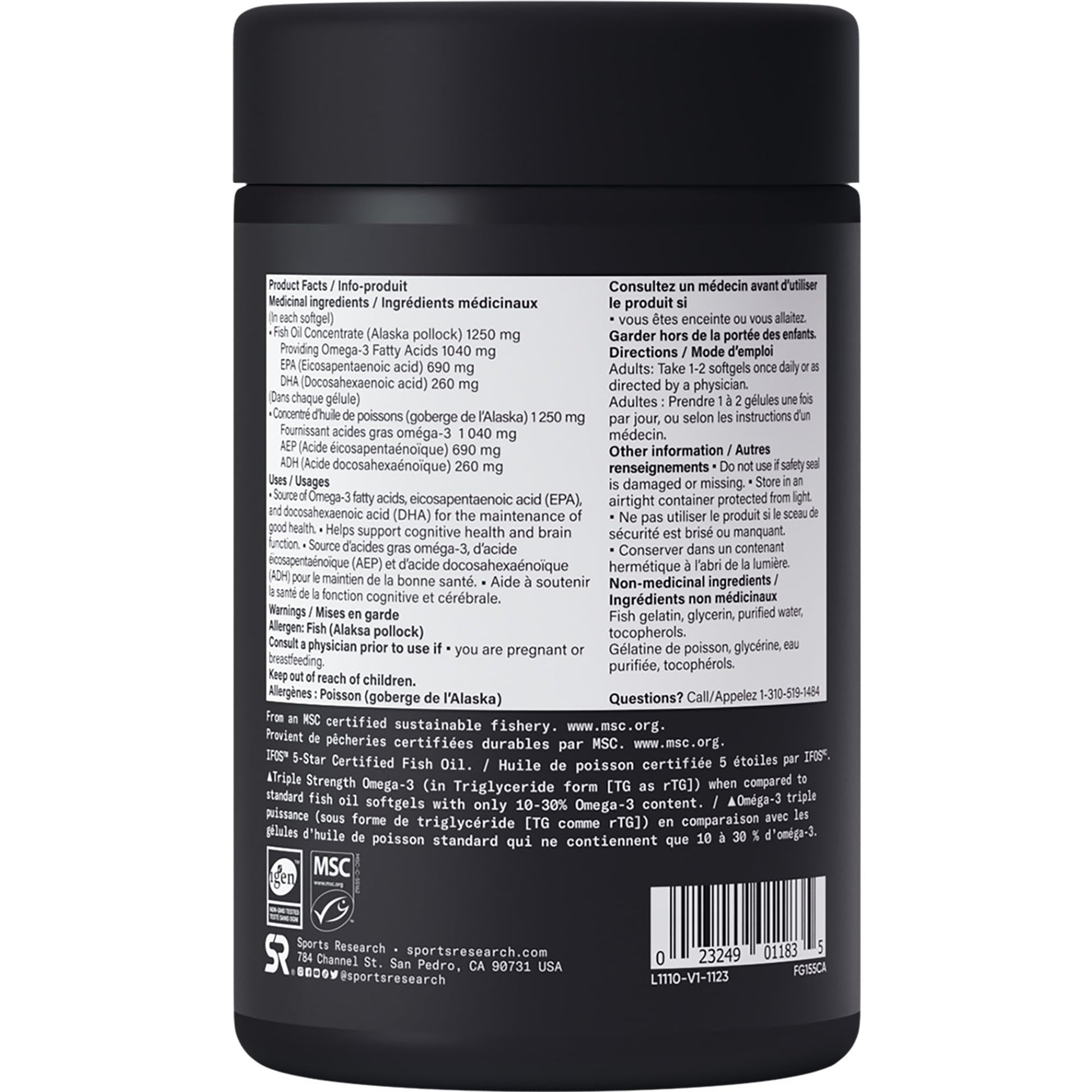 Sports Research Triple Strength Omega 3 Fish Oil - Burpless Fish Oil Supplement w/EPA & DHA Fatty Acids from Wild Alaskan Pollock - Heart, Brain & Immune Support for Men & Women - 1250 mg, 90 ct