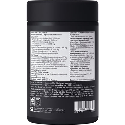 Sports Research Triple Strength Omega 3 Fish Oil - Burpless Fish Oil Supplement w/EPA & DHA Fatty Acids from Wild Alaskan Pollock - Heart, Brain & Immune Support for Men & Women - 1250 mg, 90 ct
