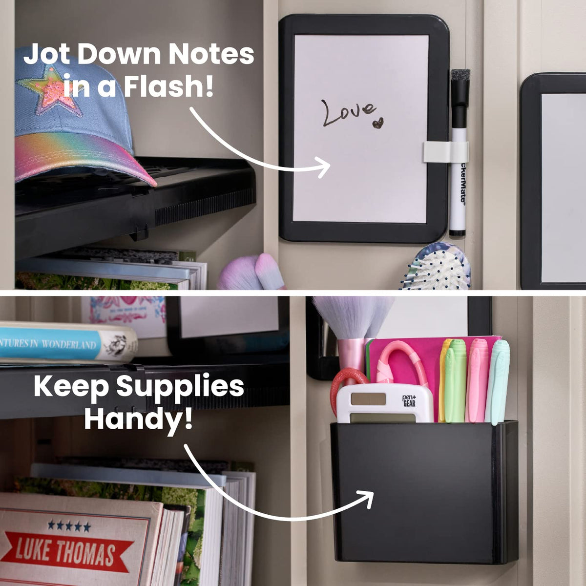 LockerMate 6-Piece Locker Organizer Kit, Includes Mirror, Whiteboard, Storage Cup & Dry Erase Marker, Black (5096-BLK)