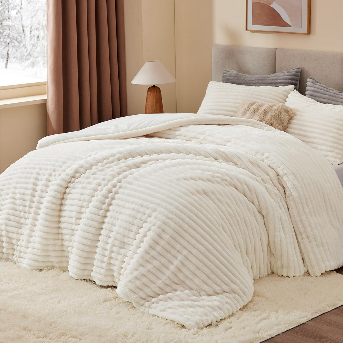 BEDELITE Fleece King Comforter Set, Soft Fluffy Bedding Set, White 🍁 All In One Marketplace Canada