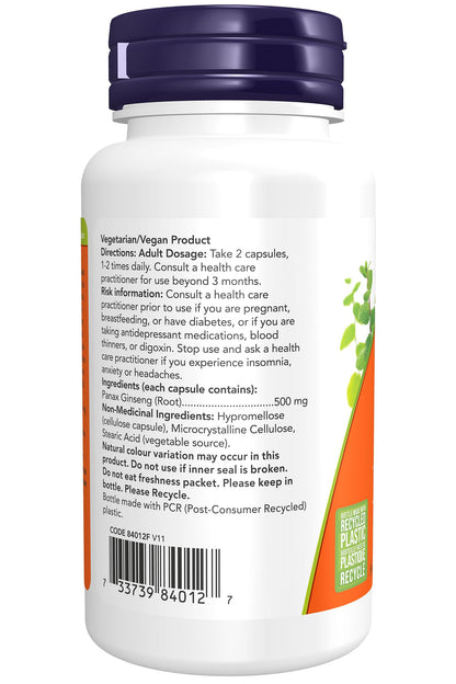 NOW Supplements, Panax Ginseng (Root) 500 mg, Adaptogenic Herb, 100 Veg Capsules