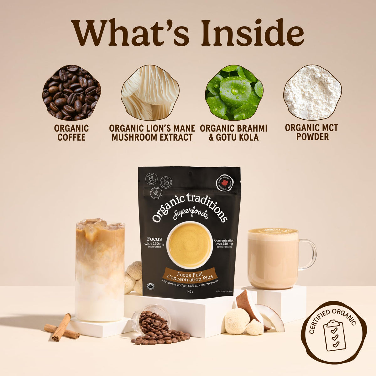 Organic Traditions Focus Fuel Instant Mushroom Coffee Blend, Daily, 10oz