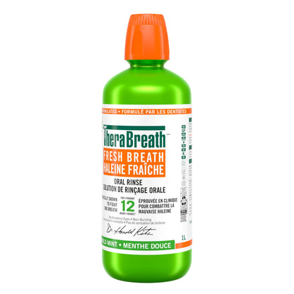TheraBreath Fresh Breath Oral Rinse, Value Size, Clinically Shown to Fight Bad Breath for 12 Hours, Alcohol & Dye Free Mouthwash, Certified Vegan, Halal, Kosher, Gluten-Free - Mild Mint, 1L