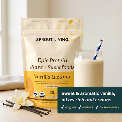 Sprout Living Epic Protein Powder, Vanilla Lucuma Flavor, Organic Plant Protein, Gluten Free, No Additives, 19 Grams Clean Vegan Protein (1 pound,13 servings) Sprout Living