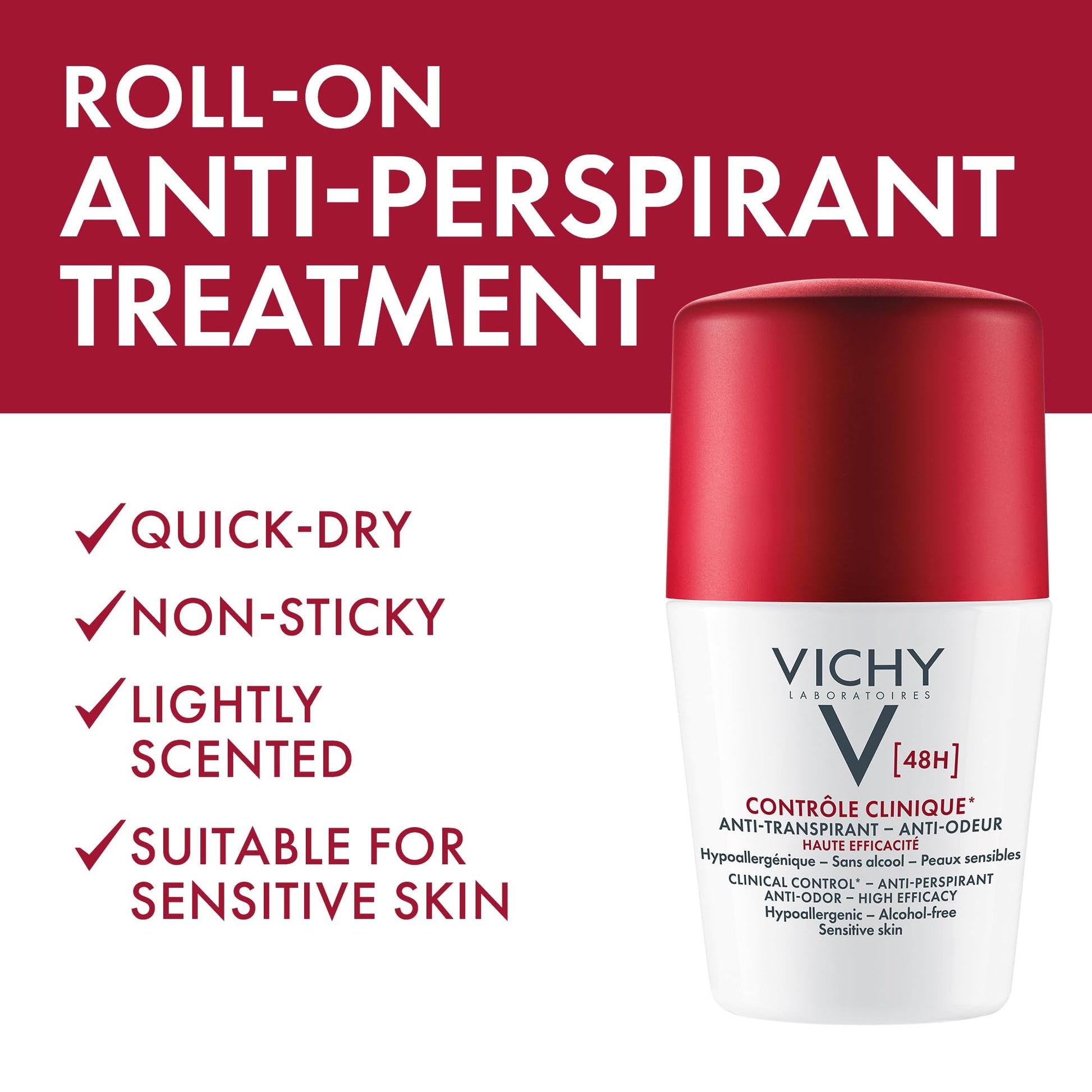 Vichy Roll-On Deodorant for Women, 48h Odour Control Antiperspirant. Dry Feel, Non-Sticky Texture. Hypoallergenic, Alcohol Free & Safe for Sensitive Skin, Recommended by Dermatologists. 50mL VICHY