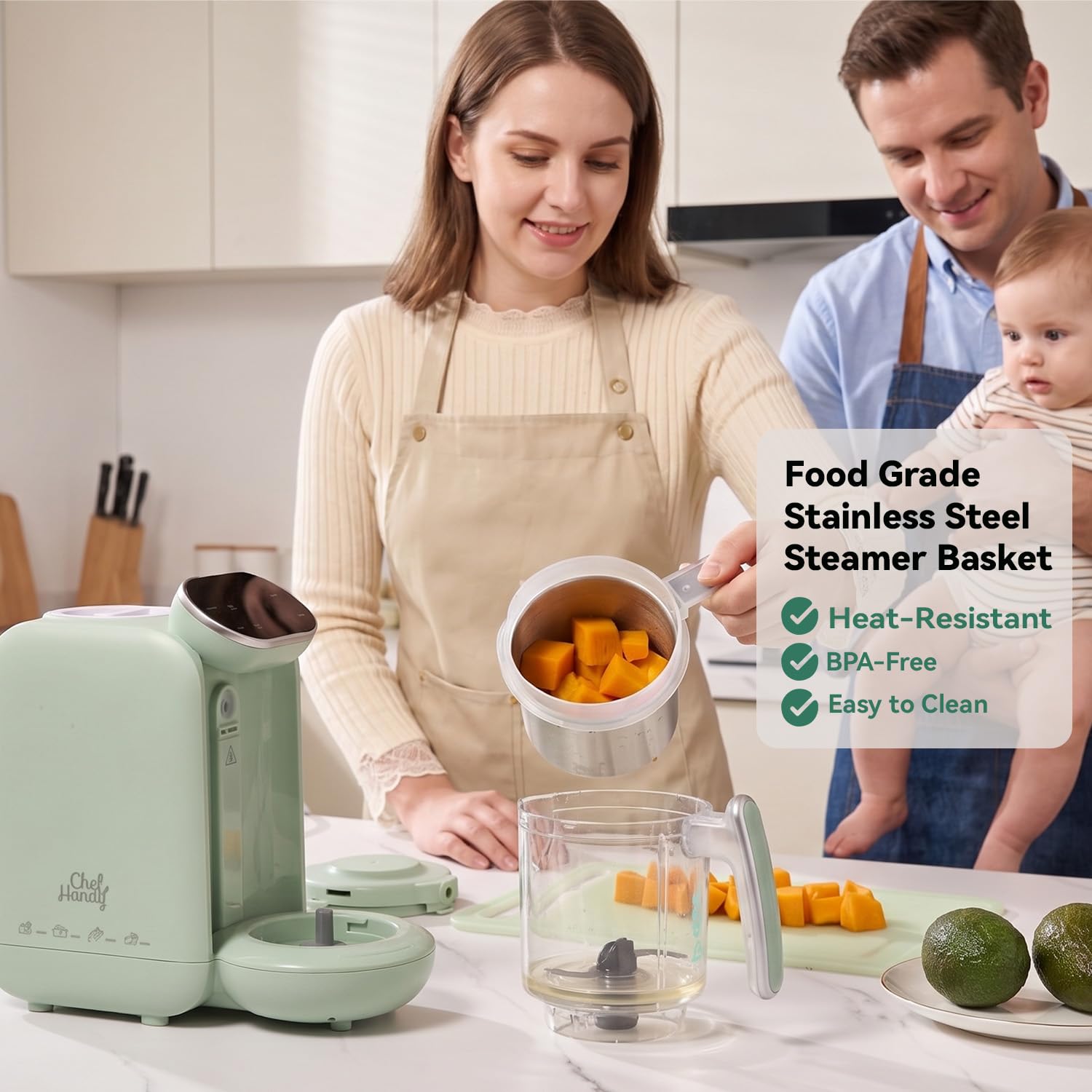 Chefhandy Baby Food Maker with Stainless Steel Steam Basket, 5-in-1 Baby Food Processor, Steamer & Blender, Auto Cooking, Pureeing, Reheating & Steam Cleaning, BPA-Free, 6 Reusable Pouches, Green